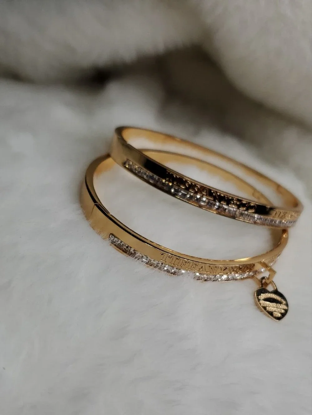 Fashion Jewelry Tiff  Gold-Tone Crystal Bangle Bracelets with Heart Charm
